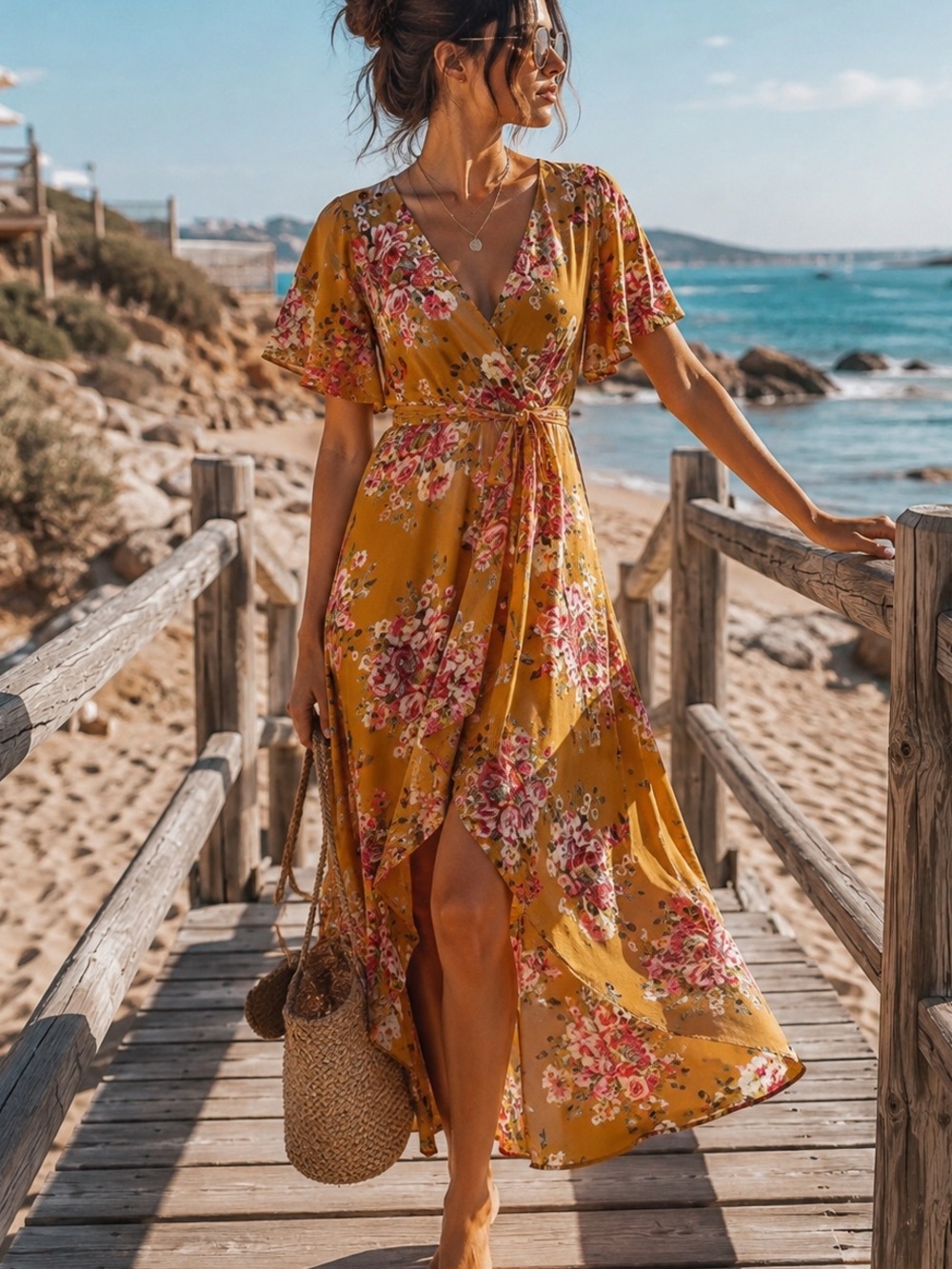 Azalosie Floral Wrap Maxi Dress Mustard Pink Size M